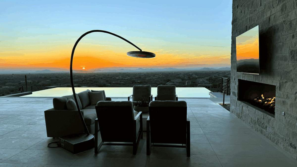 Bromic Eclipse Smart-Heat freestanding heater in the manufacturer's Arizona patio installation; surrounding furniture and structures are not included