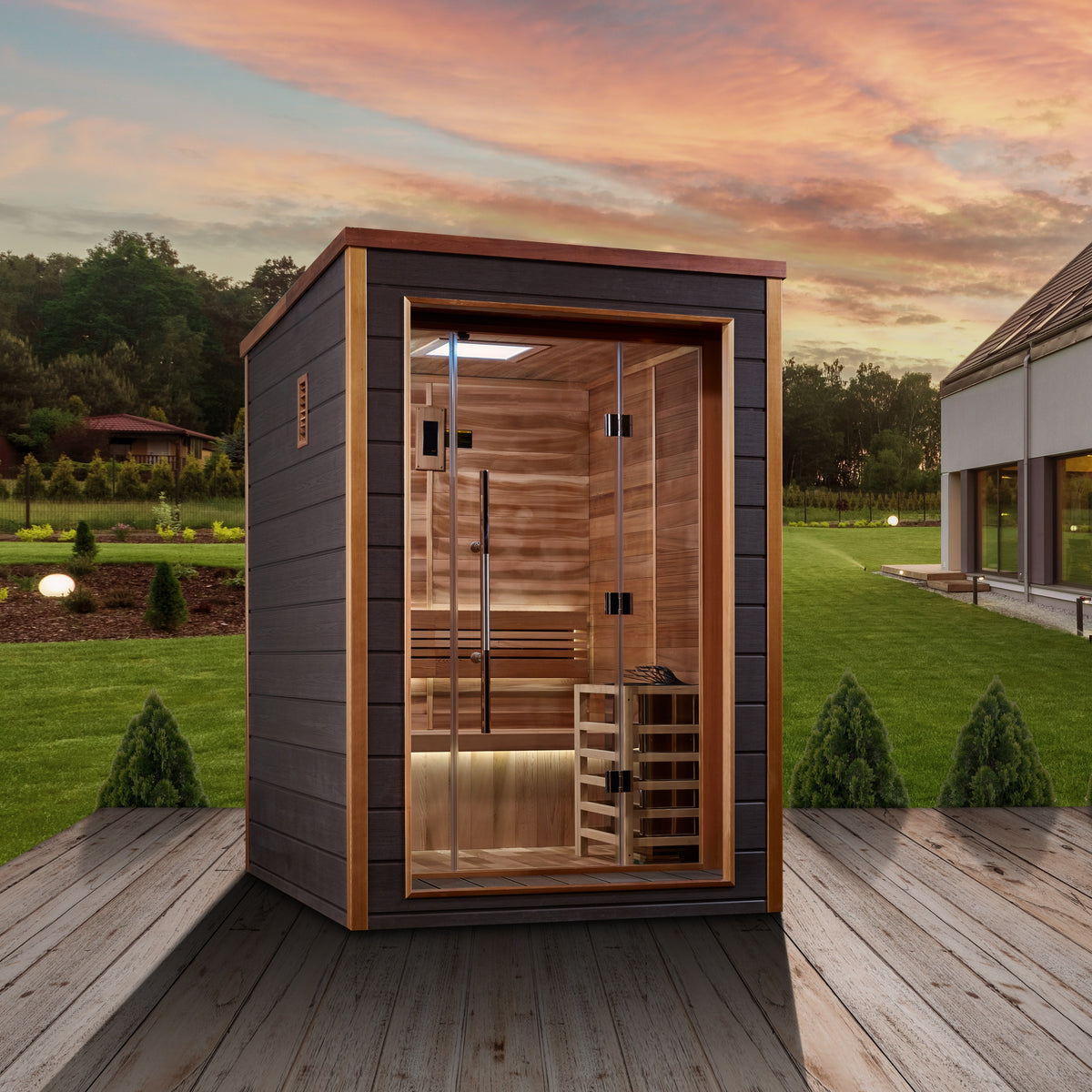 Golden Designs Narvik GDI-8202-01, manufacturer lifestyle view on a garden deck at sunset