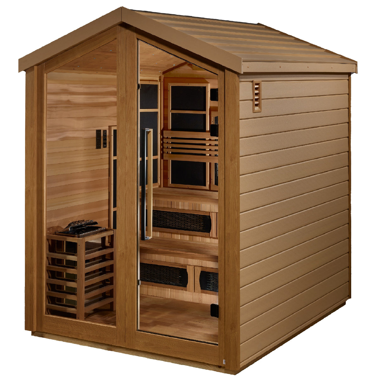 Golden Designs Kaskinen GDI-8526-01 outdoor hybrid sauna, side view