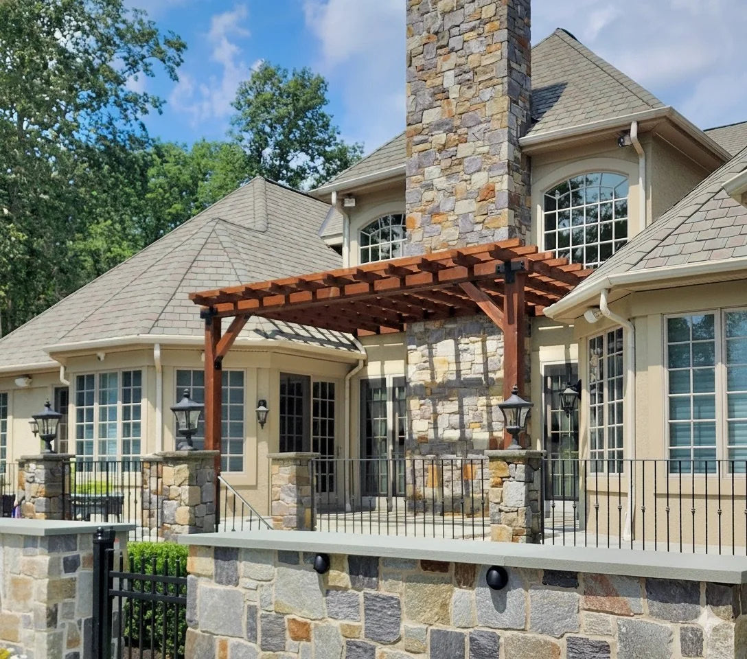 Creative Gazebos Timberview Douglas Fir Pergola: Custom Timberview attached to House. Manufacturer family example; size, finishes and optional features vary.