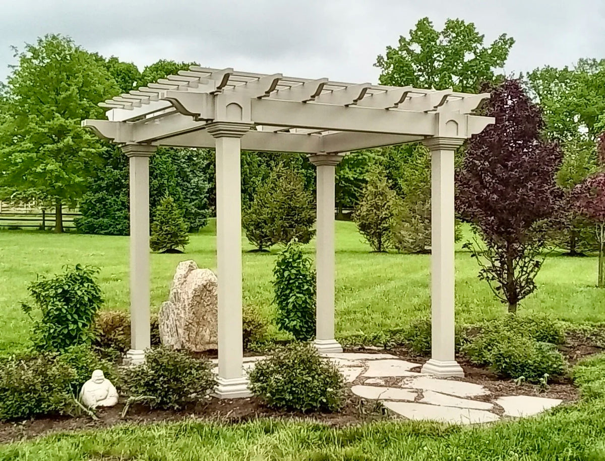 Creative Gazebos Veranda Vinyl Pergola: 8x8 Clay Veranda Pergola. Manufacturer family example; size, finishes and optional features vary.