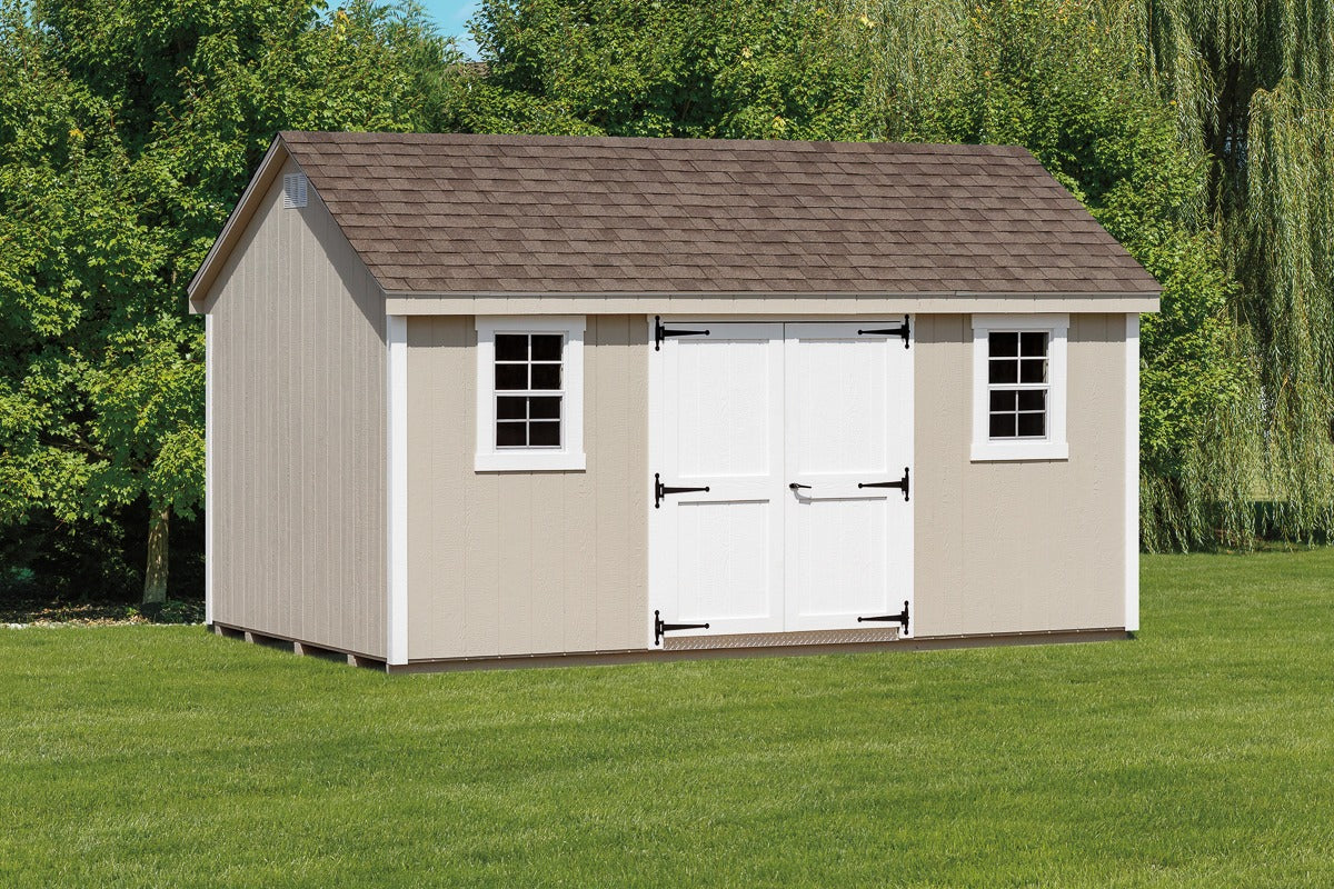 Heritage Deluxe Shed: A-frame exterior with centered double doors and two windows with shutters. Manufacturer example configuration; optional features may be shown.