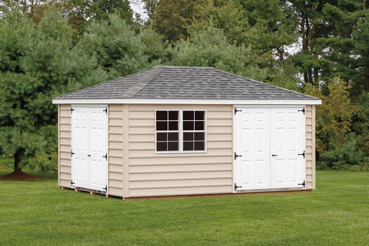 Heritage Traditional Shed: backyard shed with two sets of double doors. Manufacturer example configuration; optional features may be shown.