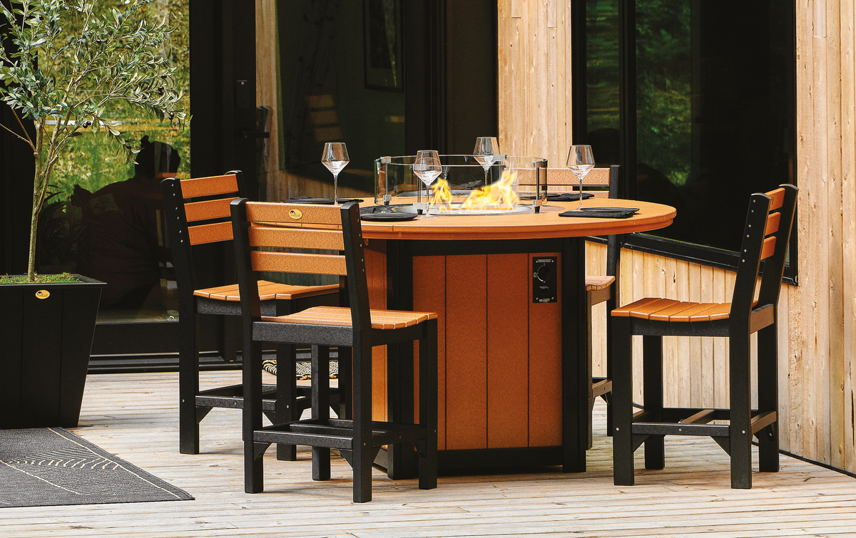 LuxCraft LFT60R 60-inch round Lumin Fire Table in Cedar & Black at Counter Height, official supplier catalog image. Pictured chairs and accessories are not included.
