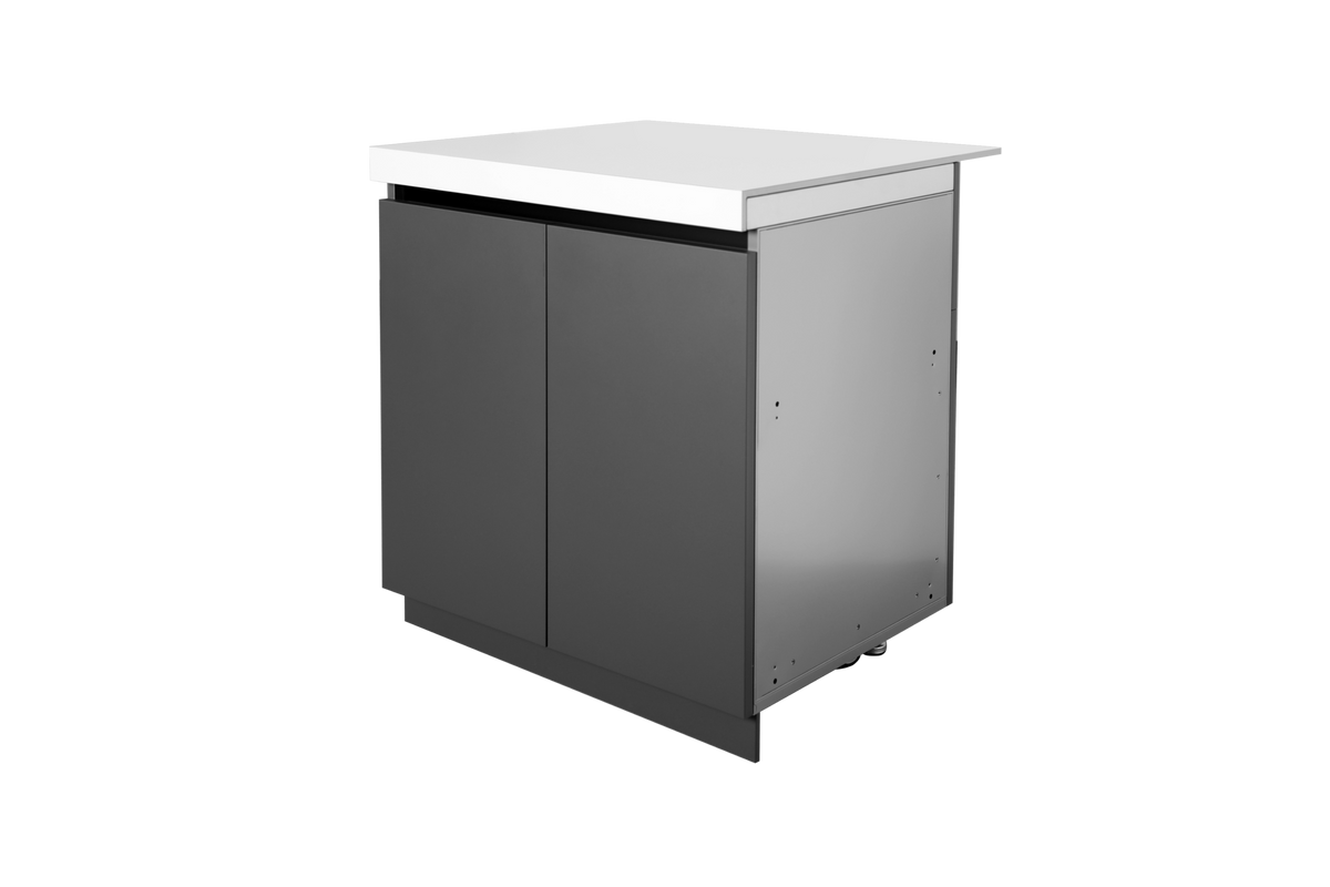 Included Whistler WMK-DDC-WG double-door storage cabinet detail: three-quarter view of the grey cabinet and white countertop; component of this complete kitchen