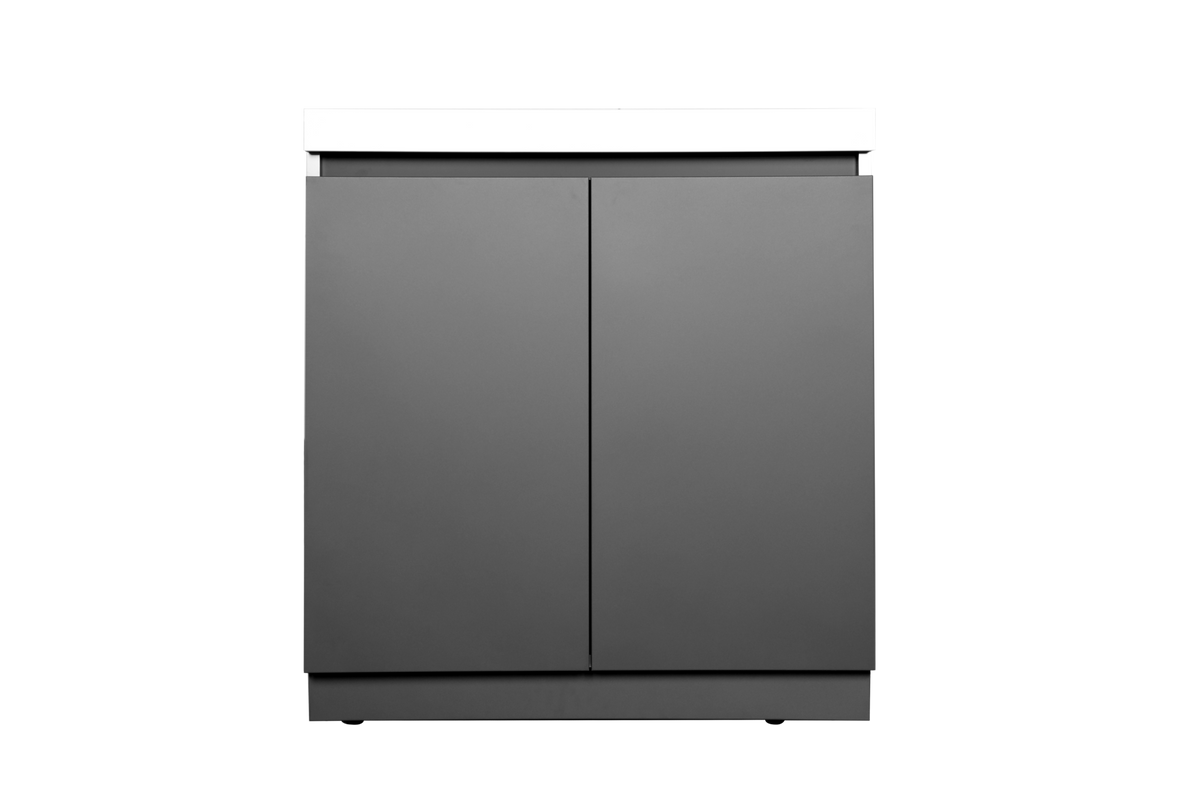 Included Whistler WMK-DDC-WG storage cabinet detail: closed double doors, grey cabinet and white countertop viewed from the front; component of this complete kitchen