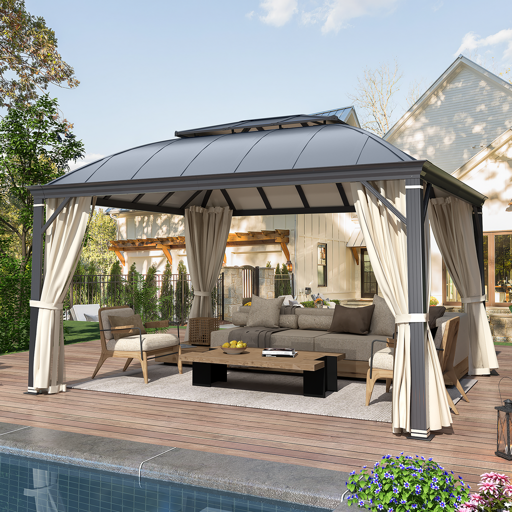 Homrest 12' x 14' Hardtop Permanent Outdoor Aluminum Patio Gazebo, Double Roof for Patio Lawn and Garden, Curtains and Netting Included