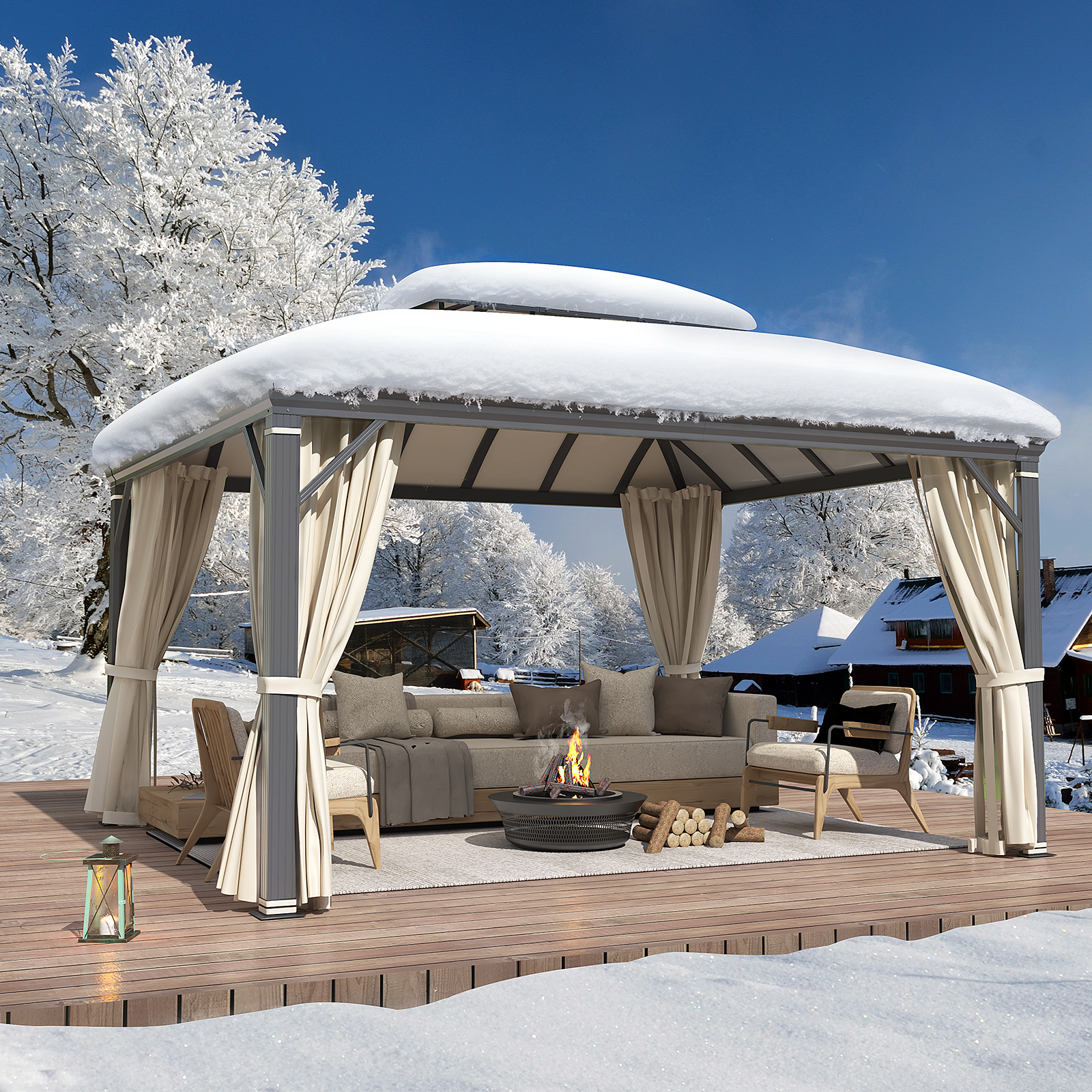 Homrest 12' x 14' Hardtop Permanent Outdoor Aluminum Patio Gazebo, Double Roof for Patio Lawn and Garden, Curtains and Netting Included
