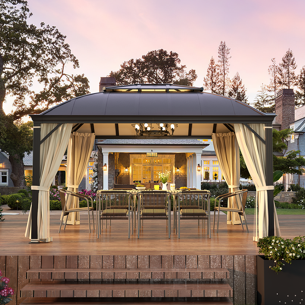 Homrest 12' x 14' Hardtop Permanent Outdoor Aluminum Patio Gazebo, Double Roof for Patio Lawn and Garden, Curtains and Netting Included