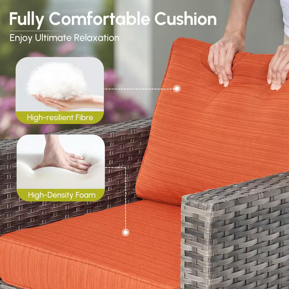 Jupiter 6-Piece Wicker Outdoor Patio Fire Pit Seating Sofa Set and with Orange Red Cushions and Swivel Rocking