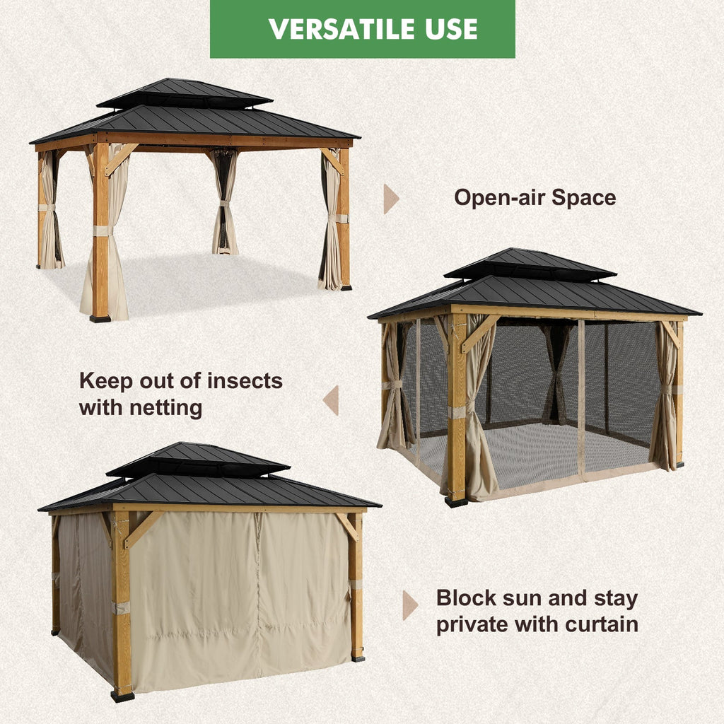 13x15 Cedar Wood Gazebo with Netting and Curtains