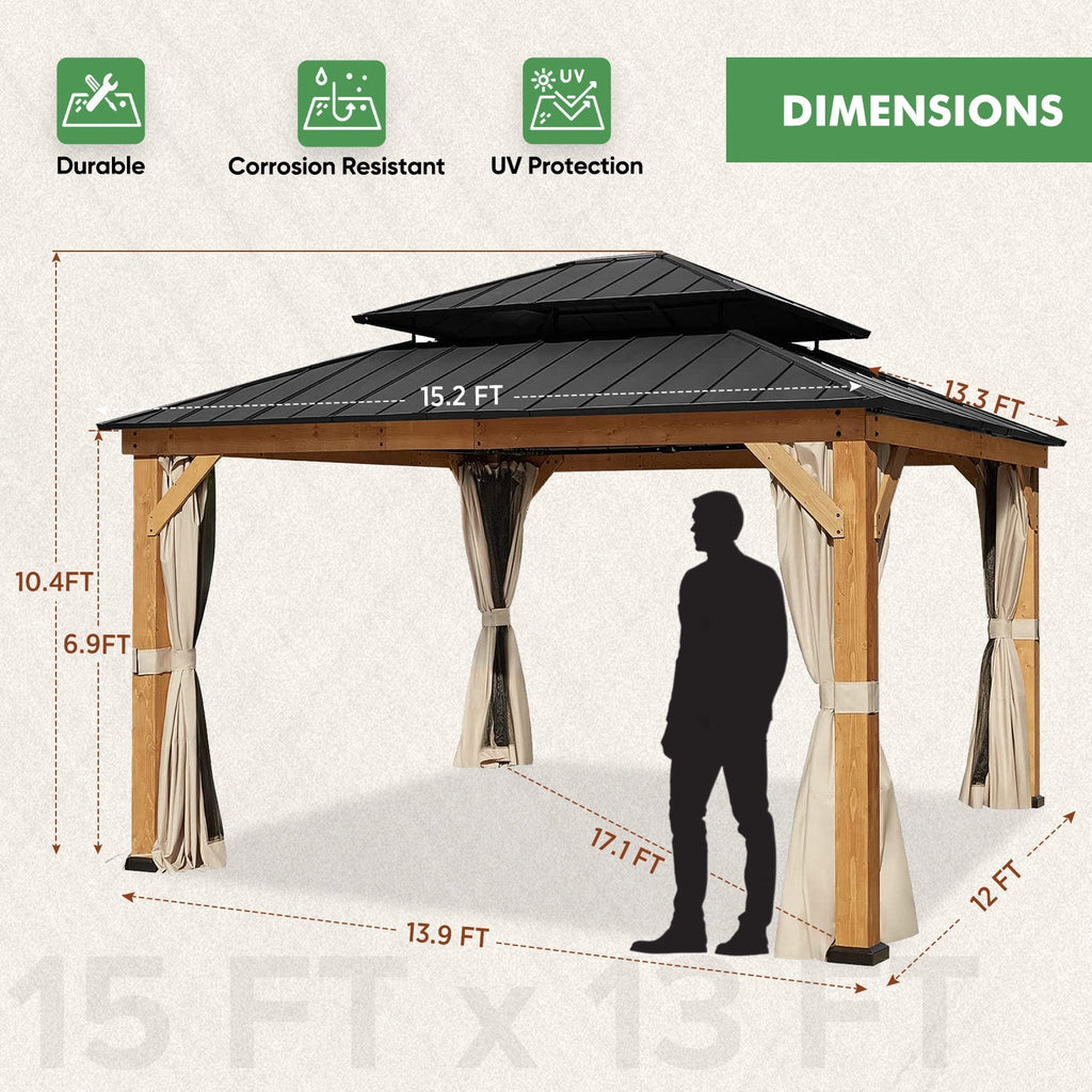 13x15 Cedar Wood Gazebo with Netting and Curtains