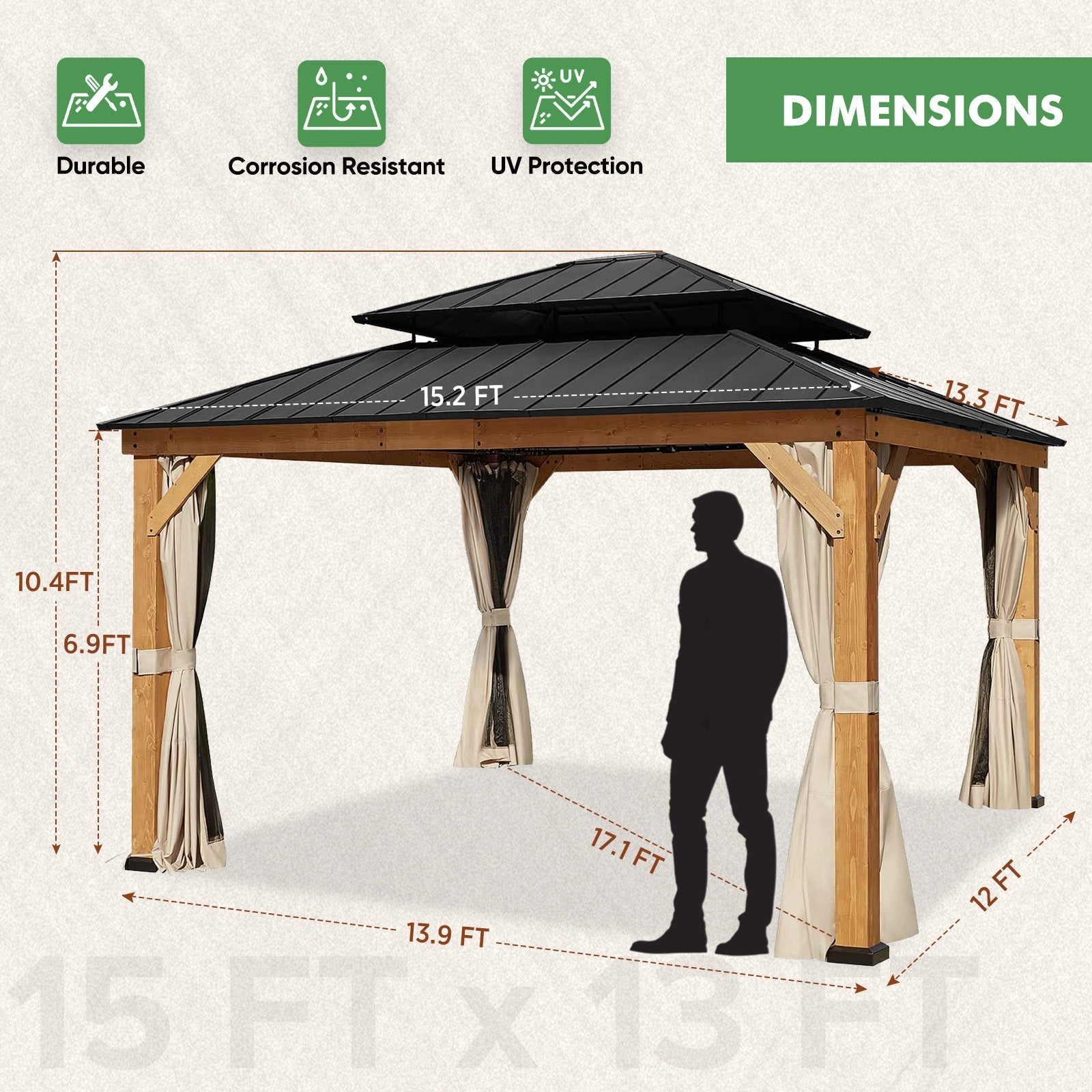 13x15 Cedar Wood Gazebo with Netting and Curtains