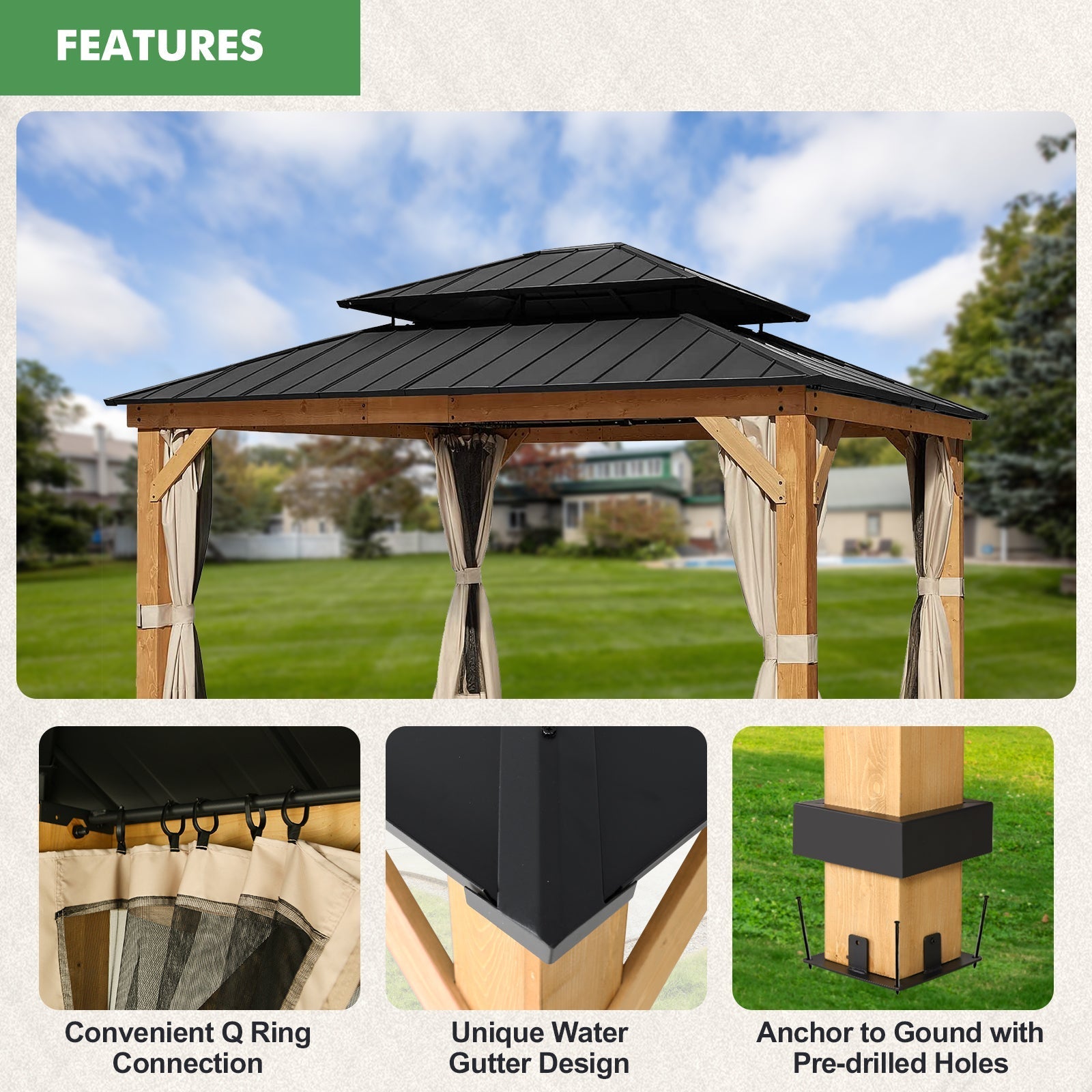 13x15 Cedar Wood Gazebo with Netting and Curtains