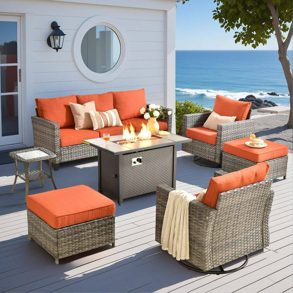 Jupiter 6-Piece Wicker Outdoor Patio Fire Pit Seating Sofa Set and with Orange Red Cushions and Swivel Rocking