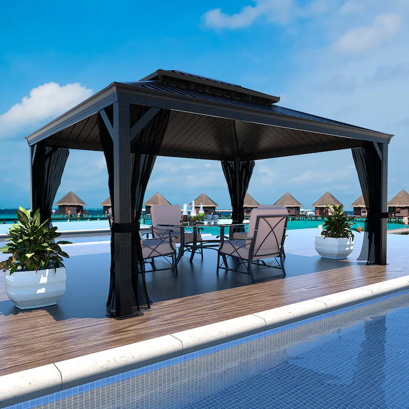 Alora Black Hardtop Gazebo with Double Roof and Netting