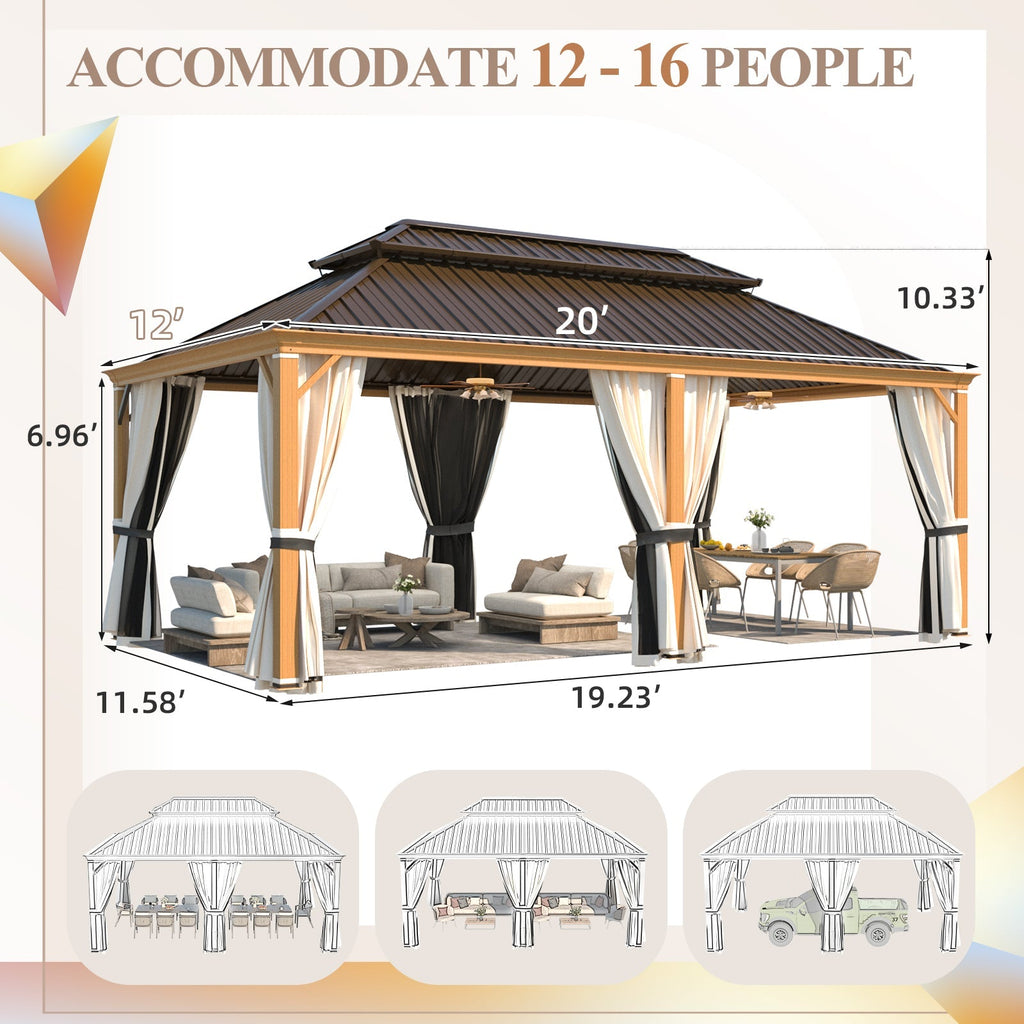 Homrest 12' x 20' Hardtop Gazebo with Aluminum Frame, Wood-Grain
