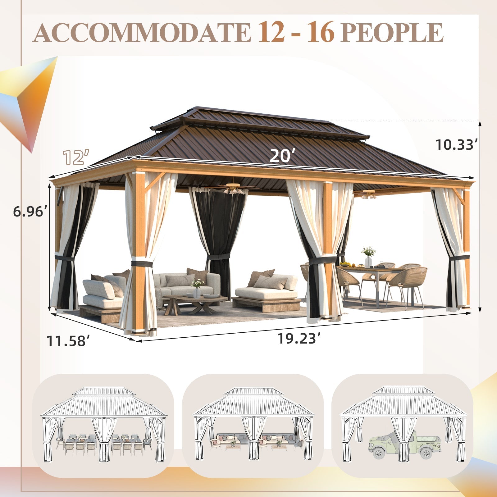 Homrest 12' x 20' Hardtop Gazebo with Aluminum Frame, Wood-Grain