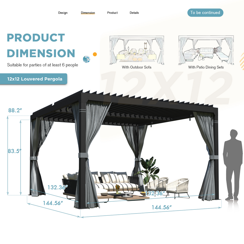 HOMREST Louvered Pergola 12x12 Outdoor Hard Top Pergola with Aluminum Frame, Gray-Black