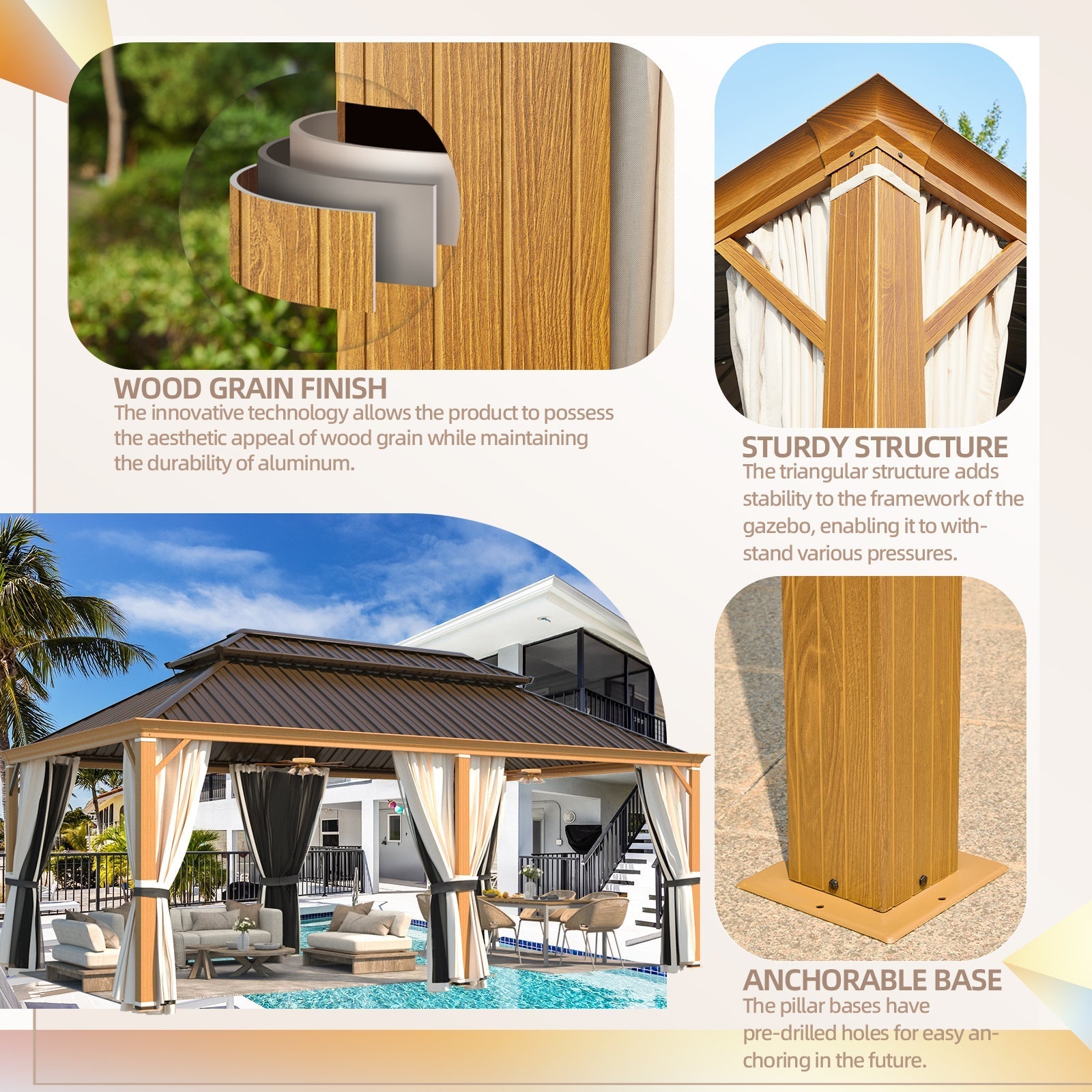 Homrest 12' x 20' Hardtop Gazebo with Aluminum Frame, Wood-Grain