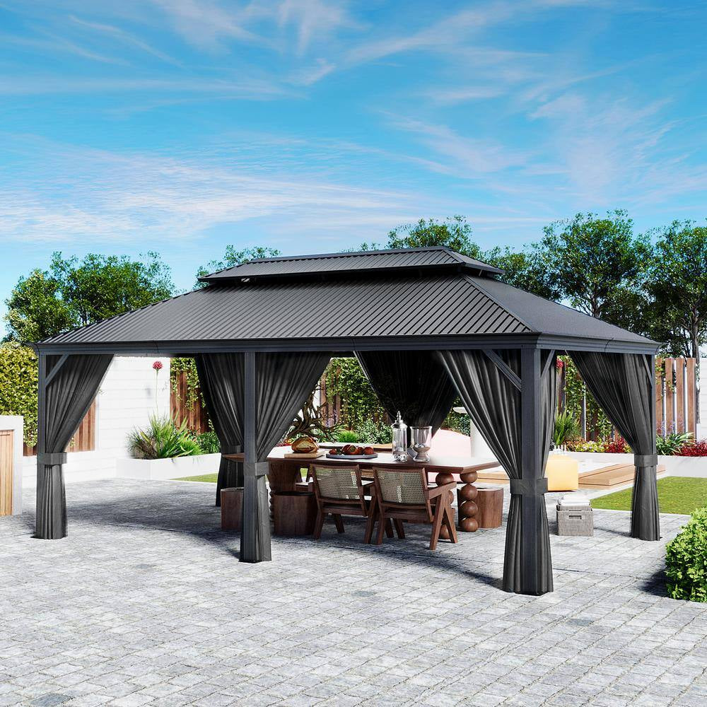 Alora Hardtop Aluminum Patio Gazebo with Double Roof, Netting, and Gray Curtains