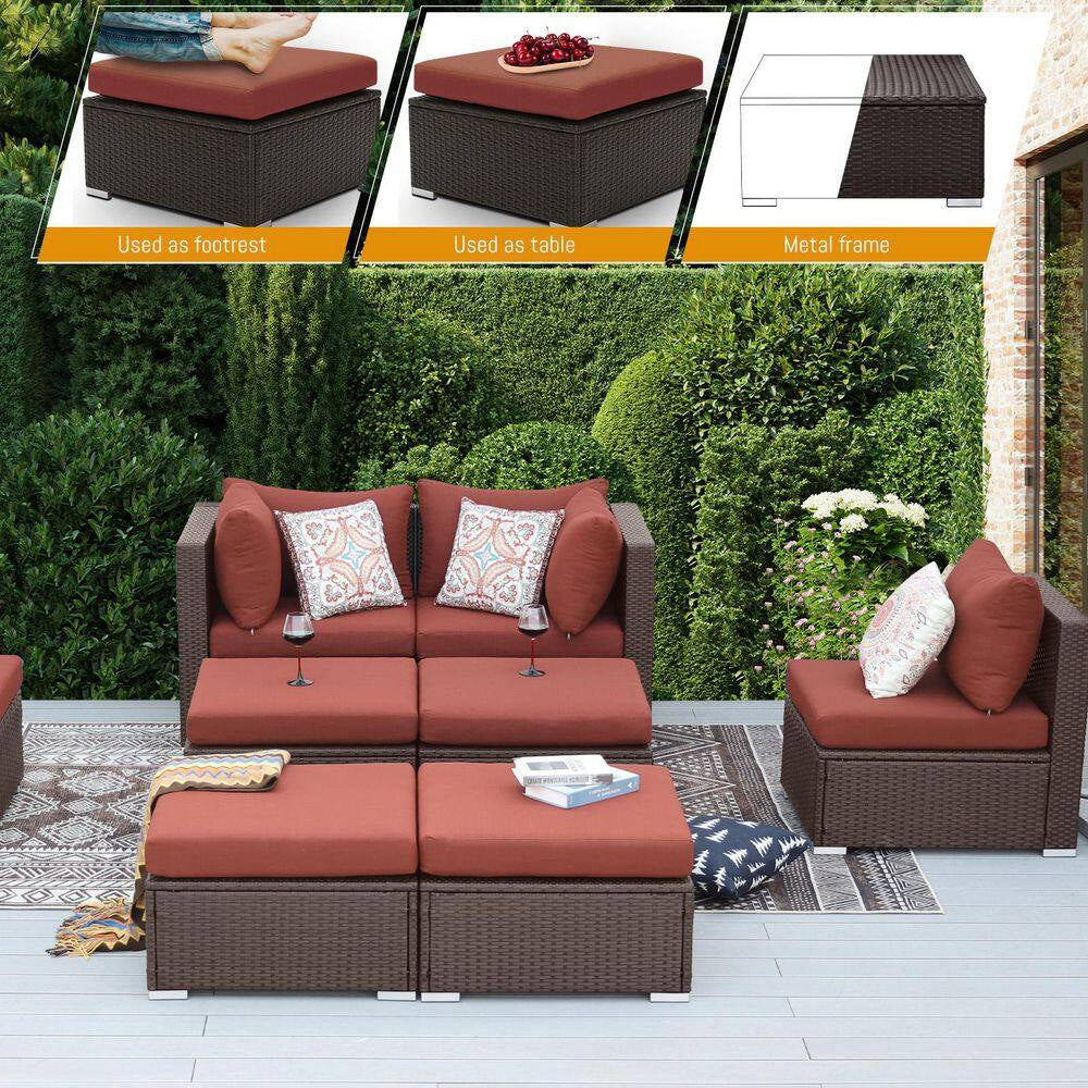 FINCATI 7 Piece Large Espresso Wicker Patio Fire Pit Sectional Deep Seating Sofa Set with Ottamans and Ruby Red Cushions