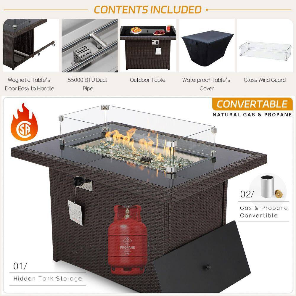 FINCATI 7 Piece Large Espresso Wicker Patio Fire Pit Sectional Deep Seating Sofa Set with Ottamans and Ruby Red Cushions