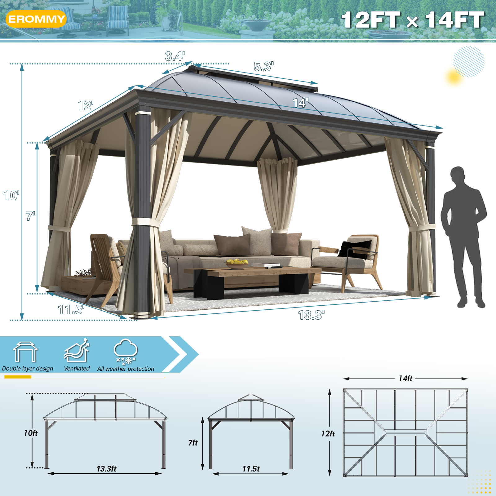 Homrest 12' x 14' Hardtop Permanent Outdoor Aluminum Patio Gazebo, Double Roof for Patio Lawn and Garden, Curtains and Netting Included