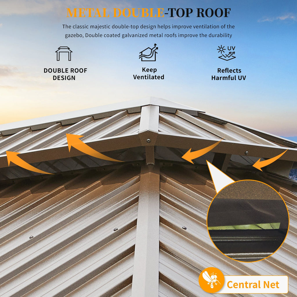 Homrest 12' x 18' Gazebo Double Hardtop Roof Galvanized Steel Pavilion Aluminum Frame Permanent
