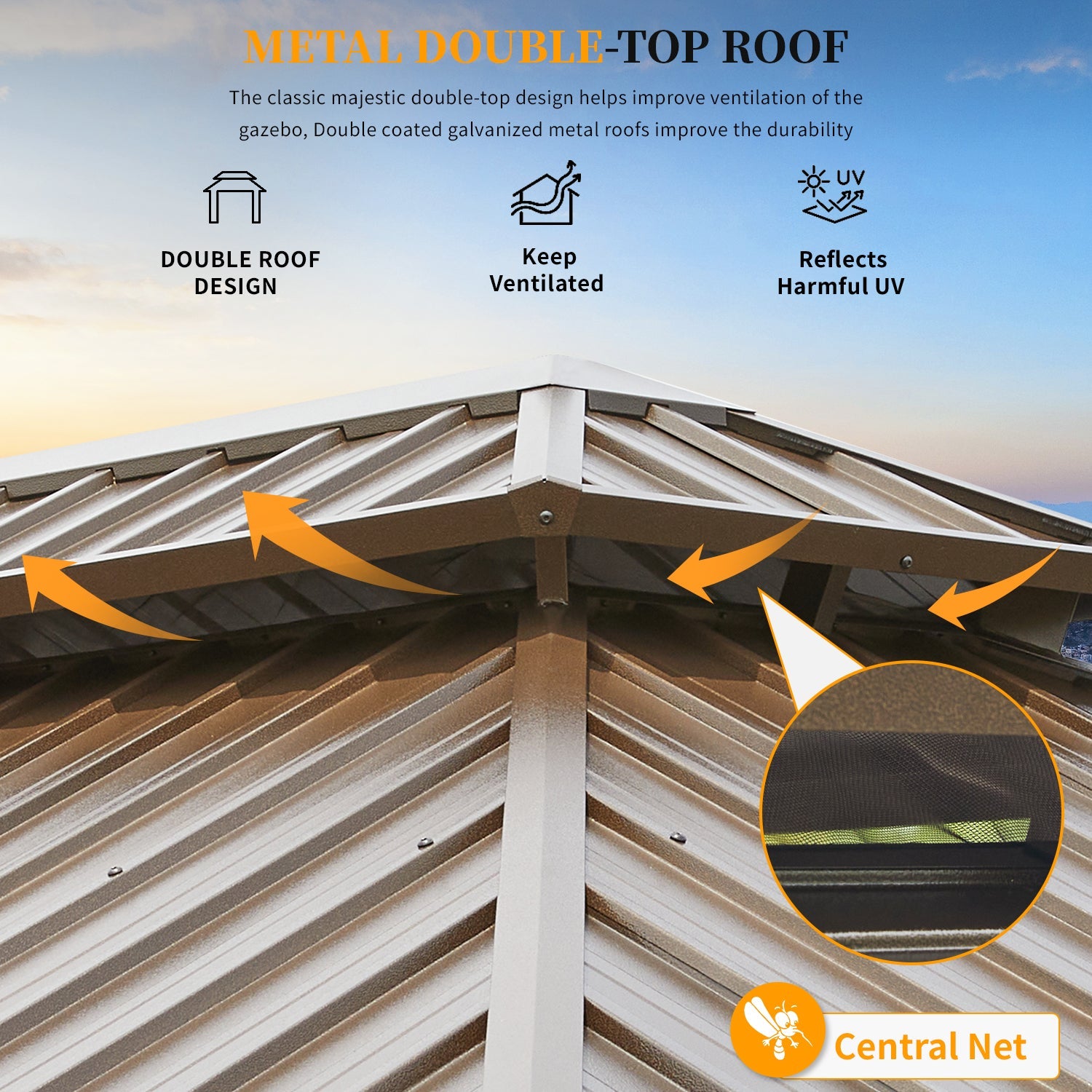Homrest 12' x 18' Gazebo Double Hardtop Roof Galvanized Steel Pavilion Aluminum Frame Permanent