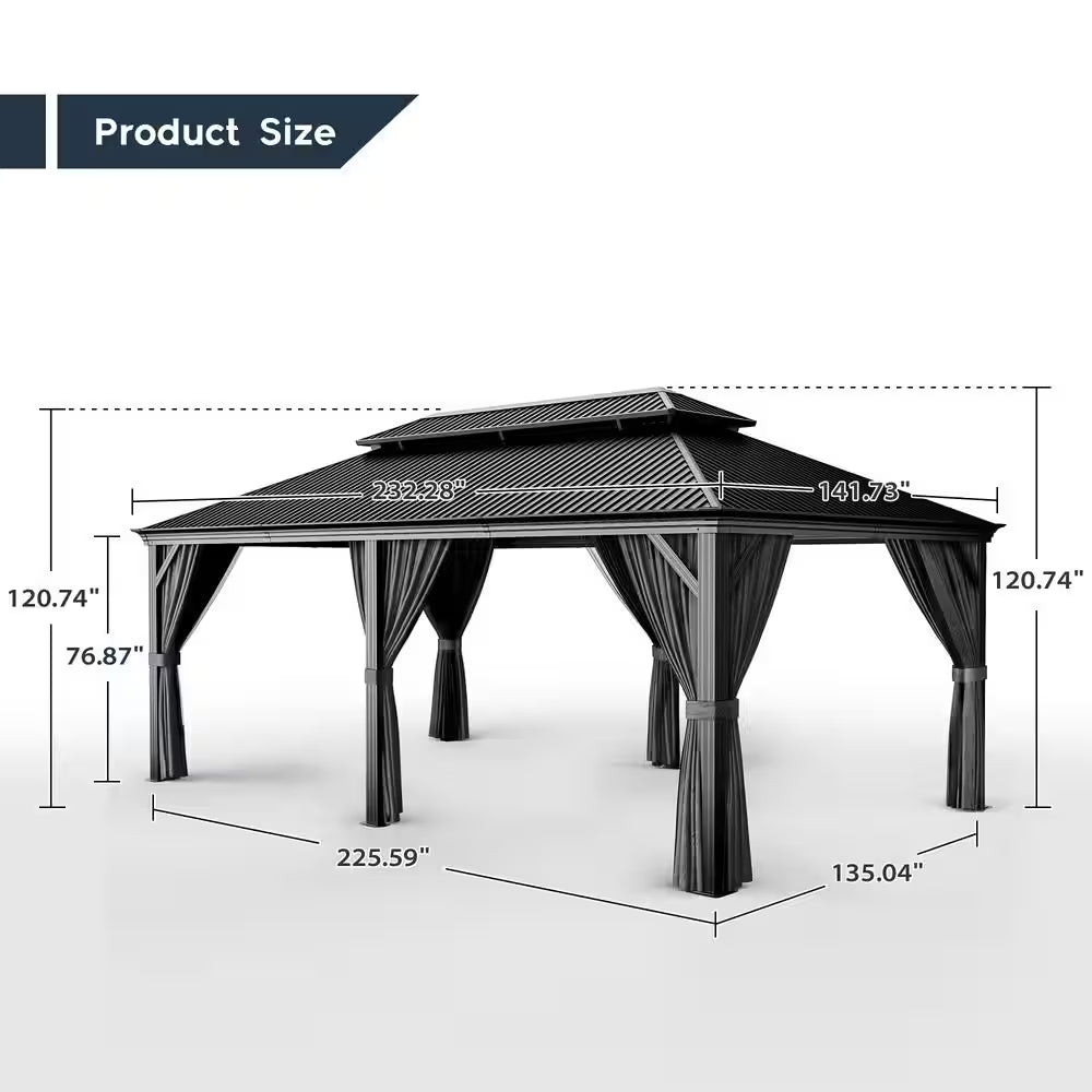 Alora Hardtop Aluminum Patio Gazebo with Double Roof, Netting, and Gray Curtains