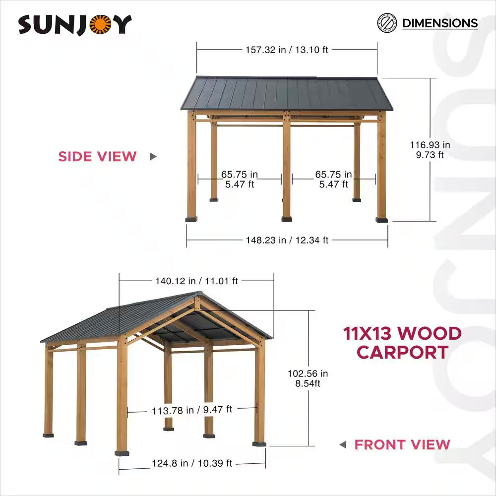 Hanover 11 x 13 ft Cedar Wood Carport Gazebo with Powder-Coated Steel Roof