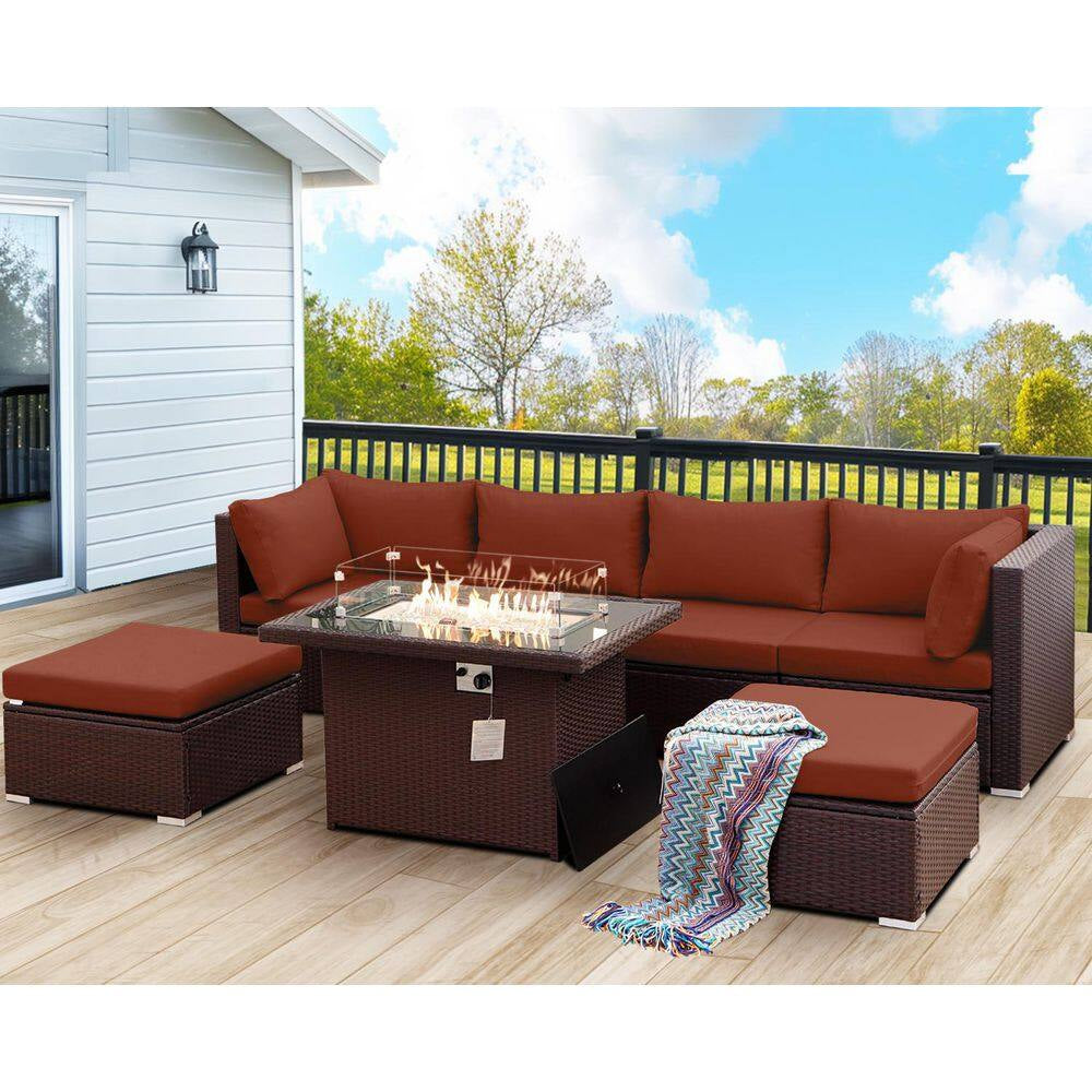 FINCATI 7 Piece Large Espresso Wicker Patio Fire Pit Sectional Deep Seating Sofa Set with Ottamans and Ruby Red Cushions