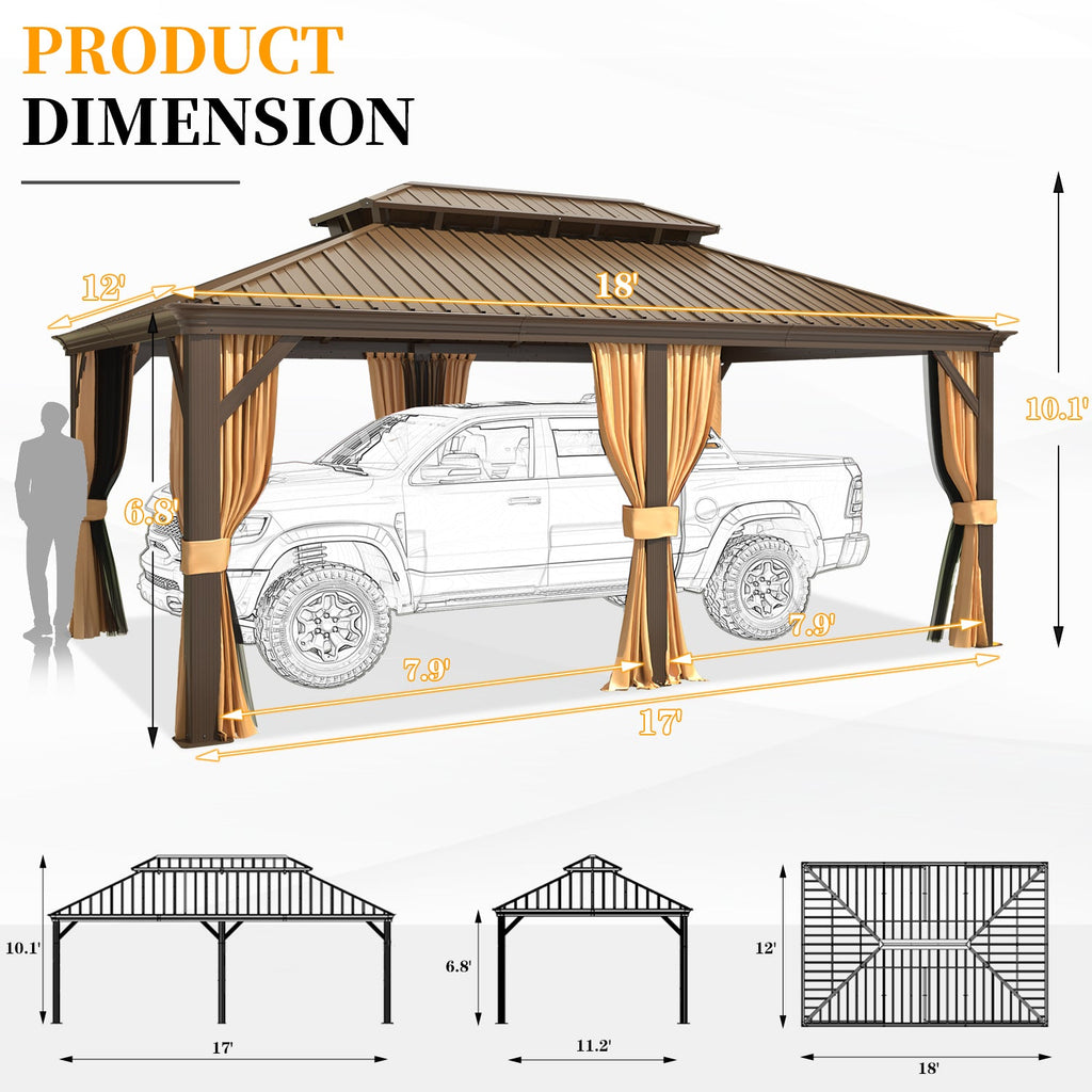 Homrest 12' x 18' Gazebo Double Hardtop Roof Galvanized Steel Pavilion Aluminum Frame Permanent