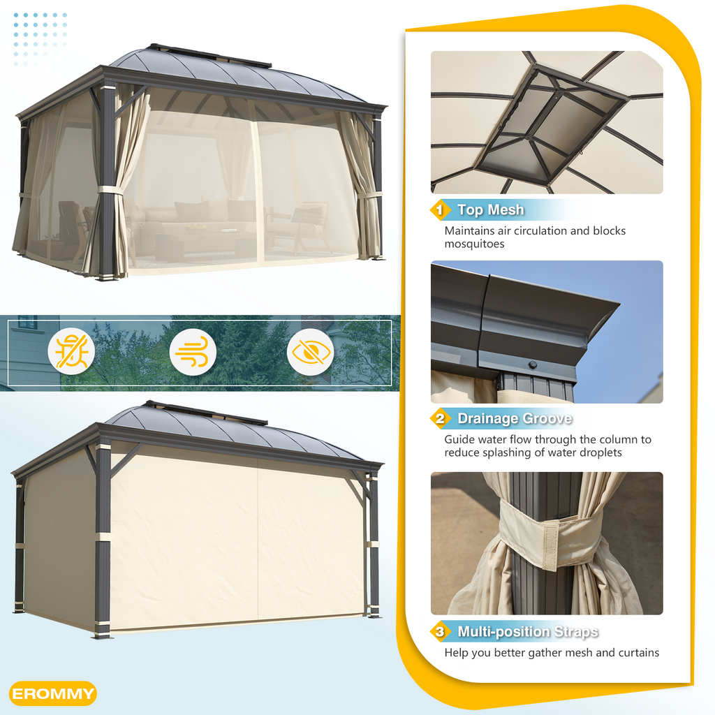 Homrest 12' x 14' Hardtop Permanent Outdoor Aluminum Patio Gazebo, Double Roof for Patio Lawn and Garden, Curtains and Netting Included