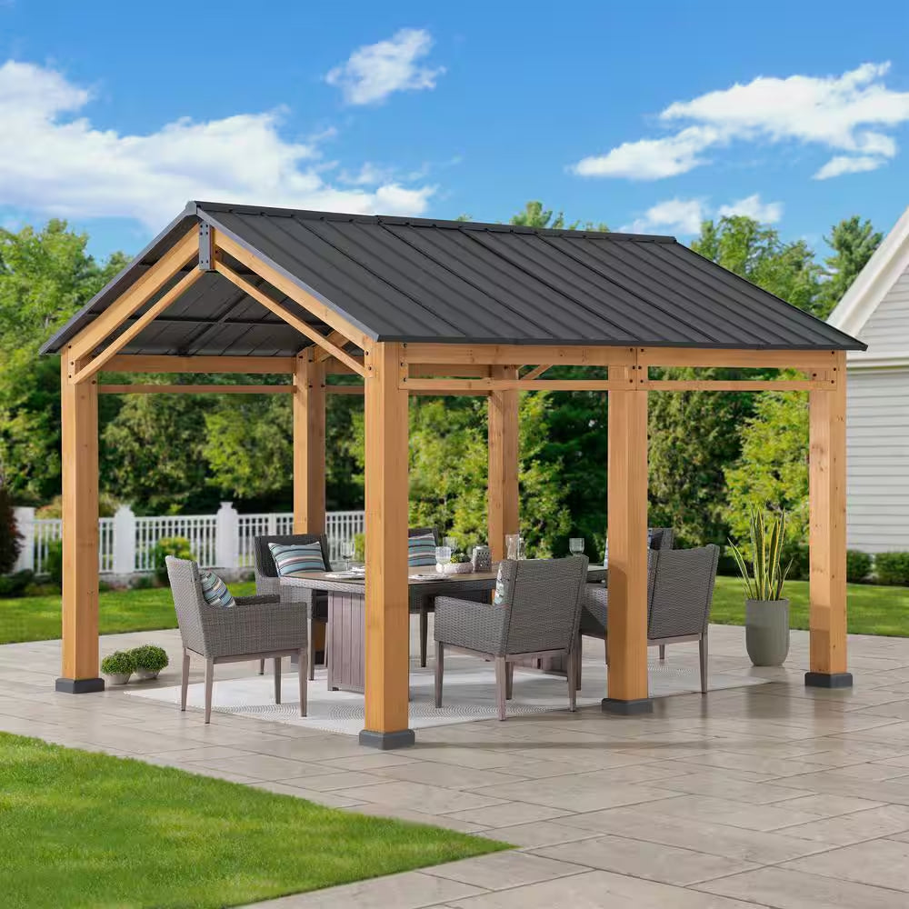 Hanover 11 x 13 ft Cedar Wood Carport Gazebo with Powder-Coated Steel Roof