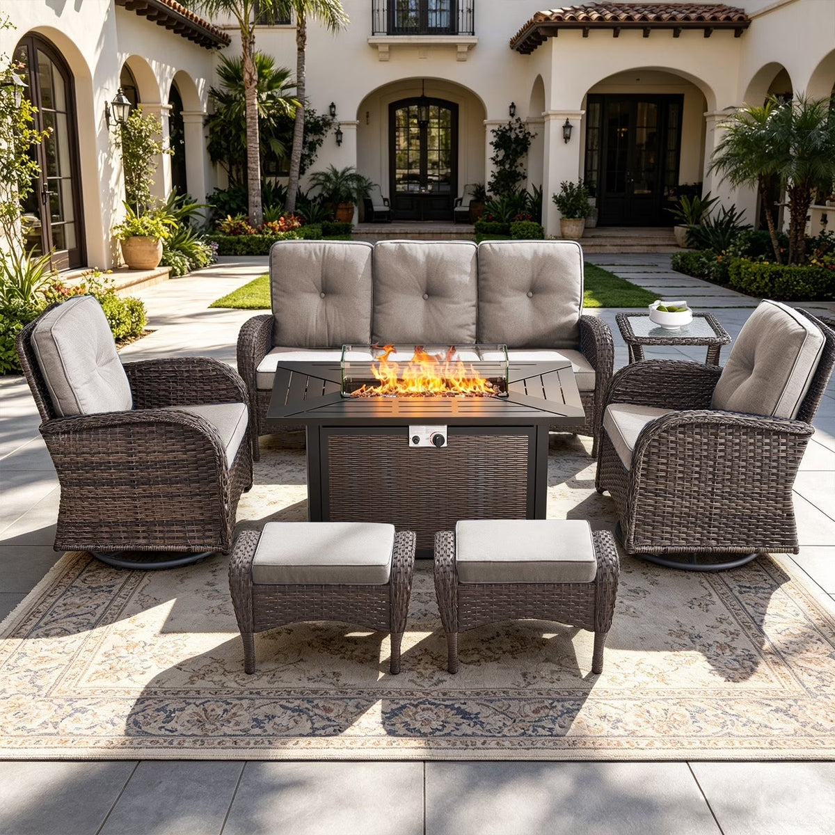 7-Piece Wicker Patio Set with Fire Pit Table