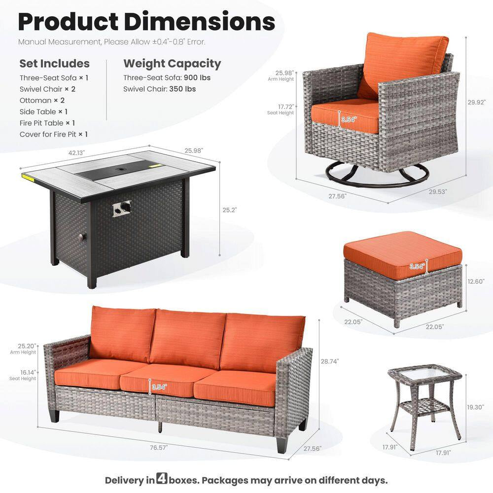 Jupiter 6-Piece Wicker Outdoor Patio Fire Pit Seating Sofa Set and with Orange Red Cushions and Swivel Rocking