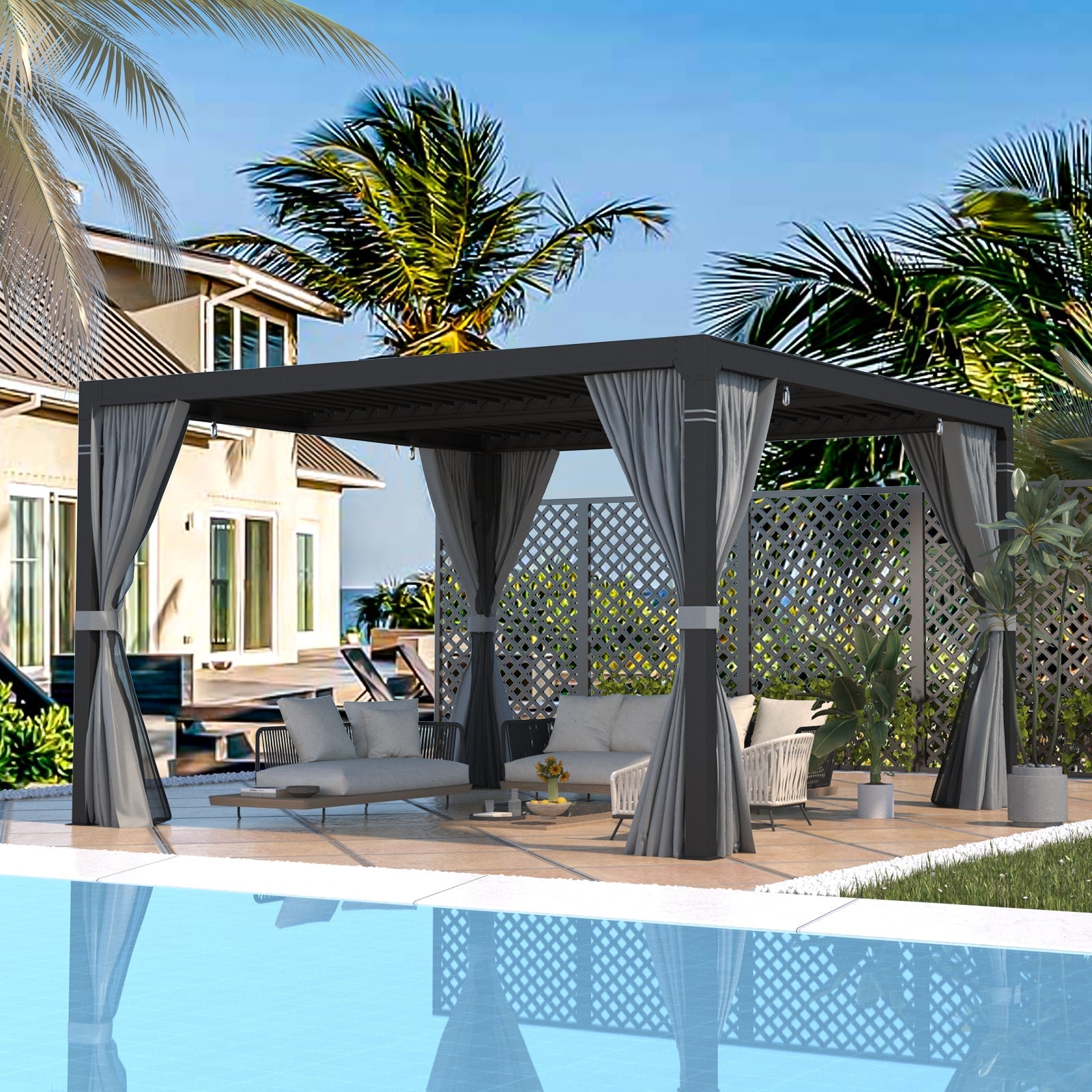 HOMREST Louvered Pergola 12x12 Outdoor Hard Top Pergola with Aluminum Frame, Gray-Black