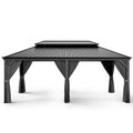Alora Hardtop Aluminum Patio Gazebo with Double Roof, Netting, and Gray Curtains