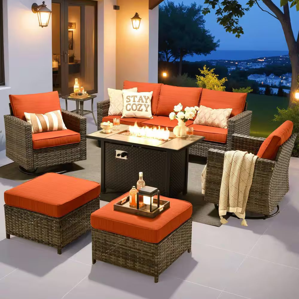 Jupiter 6-Piece Wicker Outdoor Patio Fire Pit Seating Sofa Set and with Orange Red Cushions and Swivel Rocking