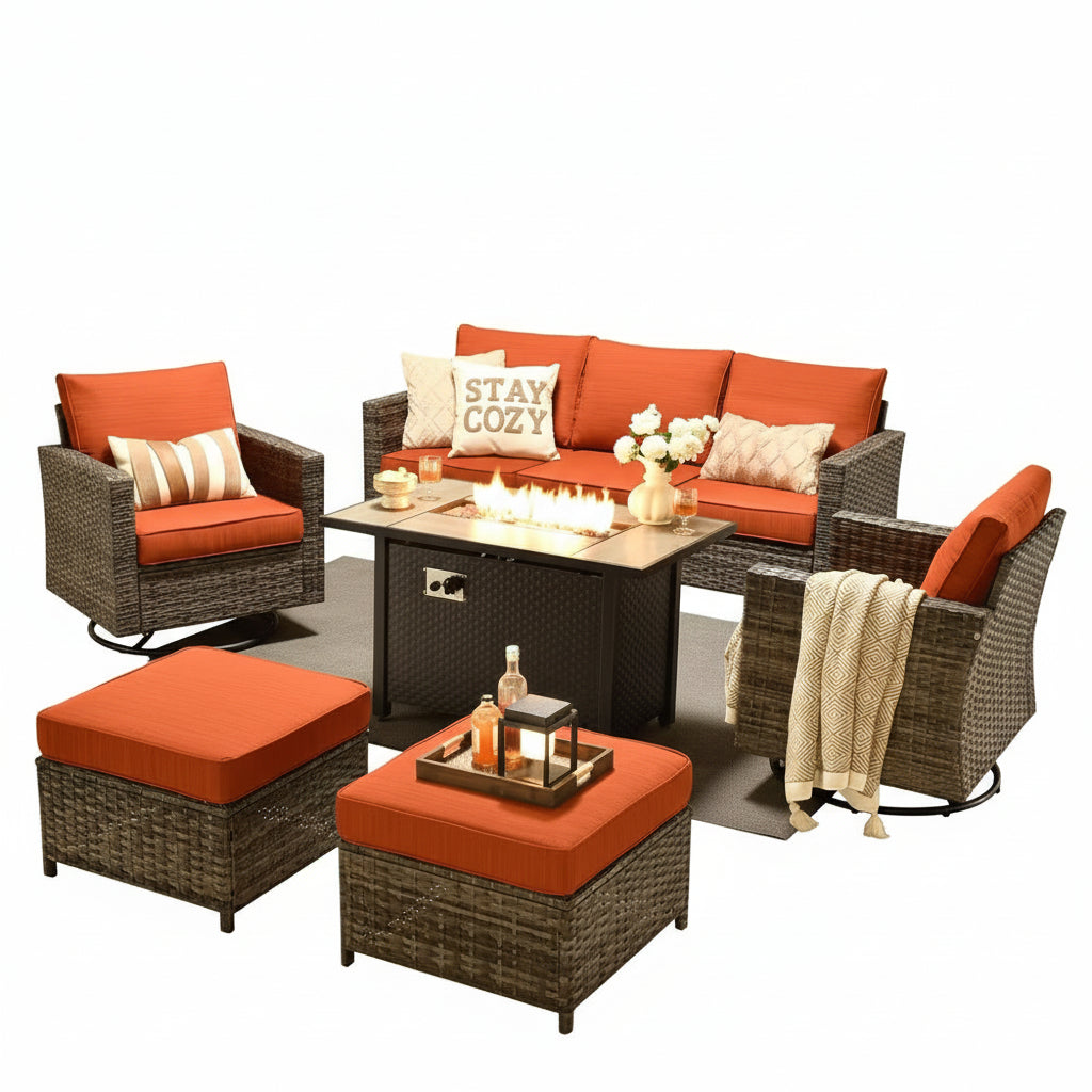 Jupiter 6-Piece Wicker Outdoor Patio Fire Pit Seating Sofa Set and with Orange Red Cushions and Swivel Rocking