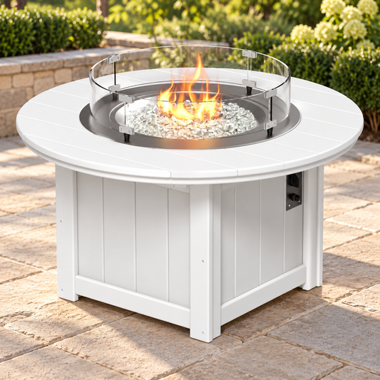 LuxCraft Lumin LFP46R in White, complete product in an AI-staged outdoor patio scene; representative appearance