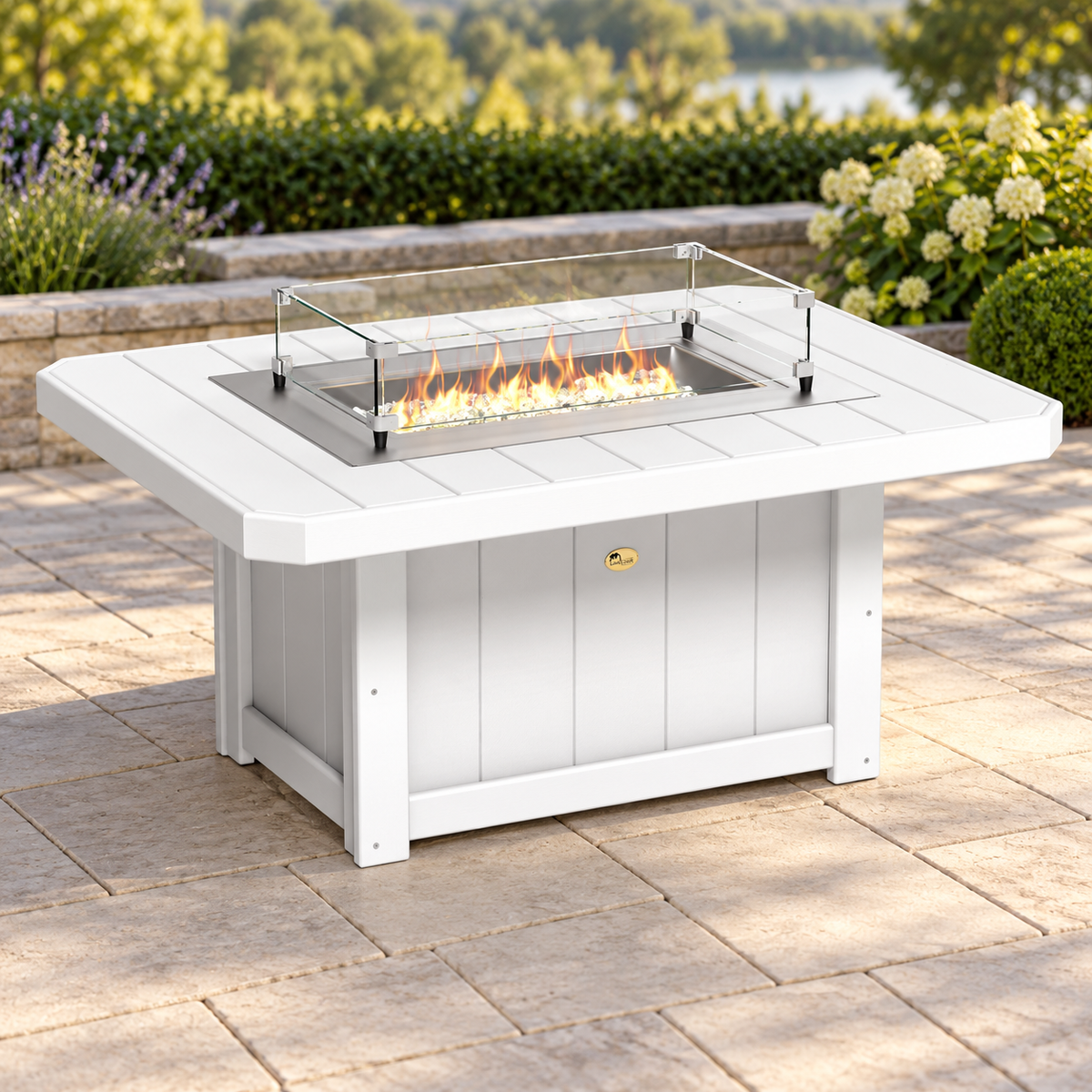 LuxCraft Lumin LFP51R in White, complete product in an AI-staged outdoor patio scene; representative appearance