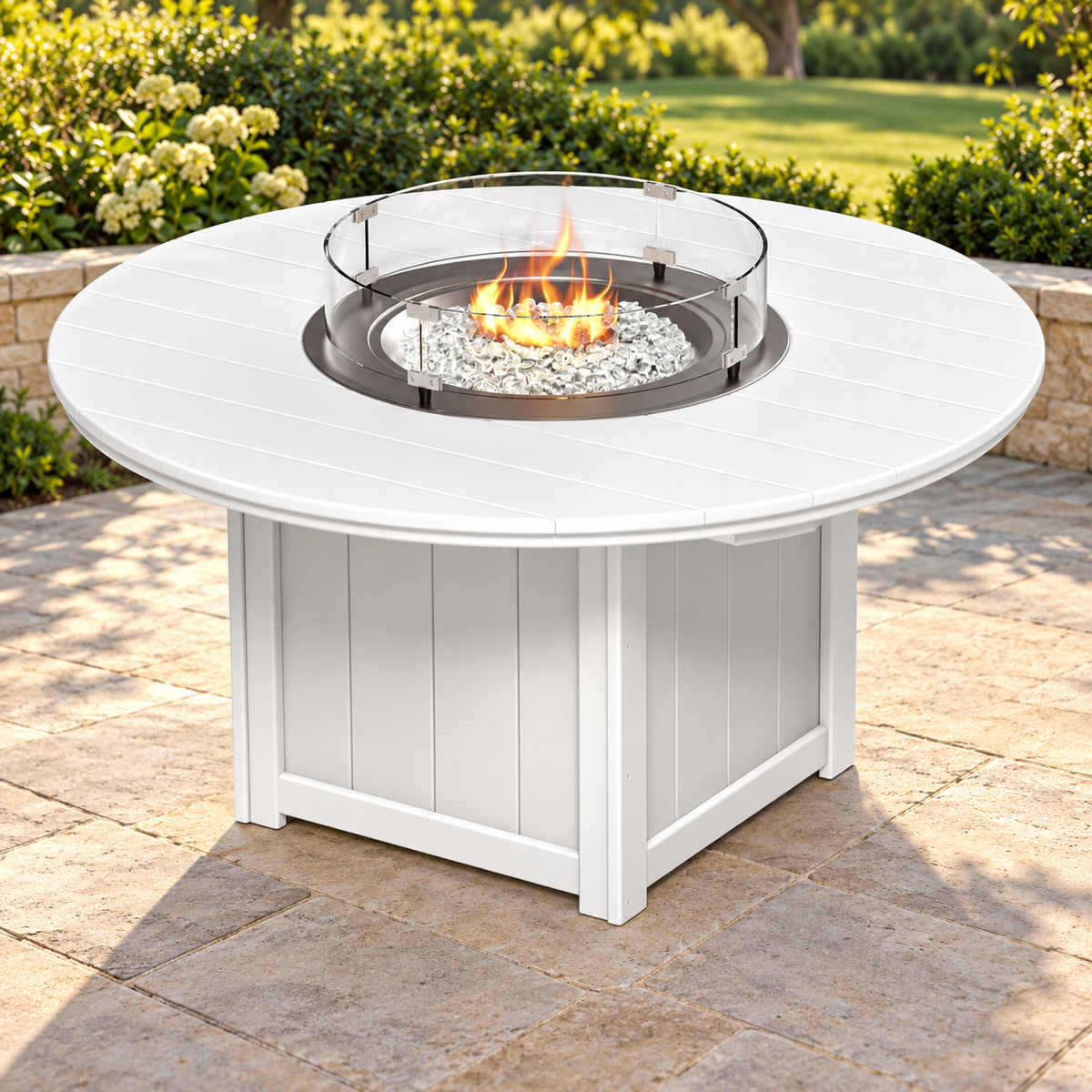 LuxCraft Lumin LFT60R in White, complete product in an AI-staged outdoor patio scene; representative appearance