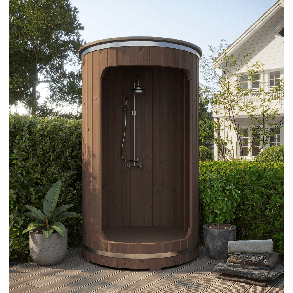 SaunaLife Barrel Shower Model R3 - RAIN Series Outdoor Barrel Showers, Thermo-Spruce, Stainless Steel Foundation Anchors, 2 Persons