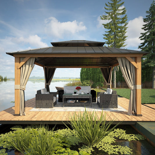 Eagle Peak 13x15 Cedar Wood Gazebo with Netting and Curtains