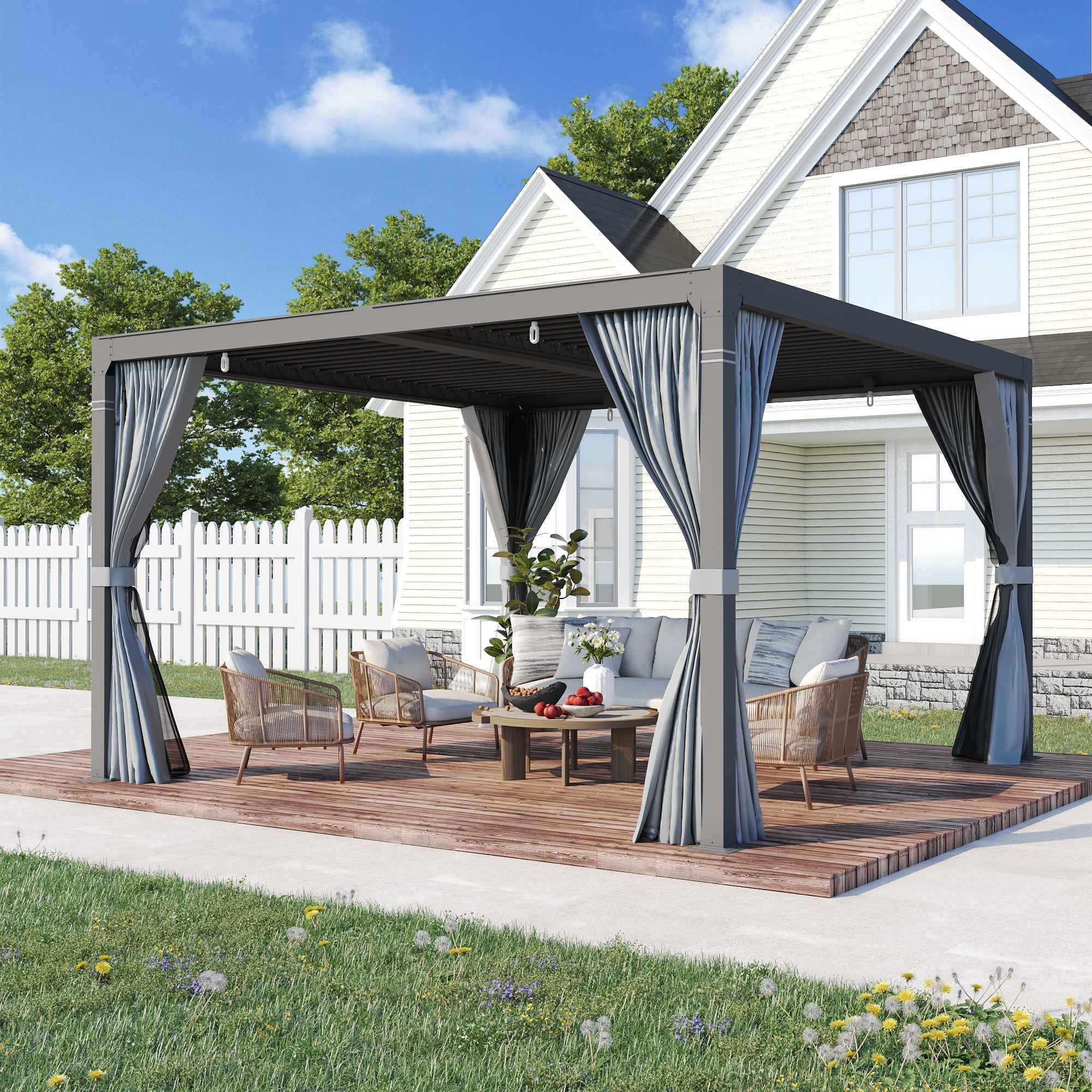 HOMREST Louvered Pergola 12x12 Outdoor Hard Top Pergola with Aluminum Frame, Gray-Black