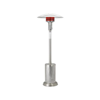 SunGlo A270SS portable propane patio heater in stainless steel with glowing emitter