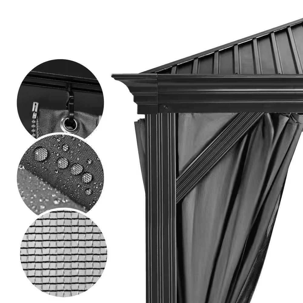 Alora Hardtop Aluminum Patio Gazebo with Double Roof, Netting, and Gray Curtains